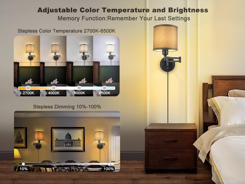 GOODATE Plug in Wall Sconces with Remote Control, Dimming 10%-100% & Adjustable Colors 2700K-6500K, Hardwire or Plug-in, Swing Arm Wall Lamp with Gray Fabric Shade, Wall Sconces Set of Two, Black Finish - Image 2